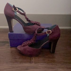 Purple Ruffled T Strap Heels